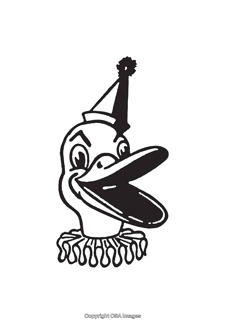 Black and White Line Art of a Duck with Party Hat