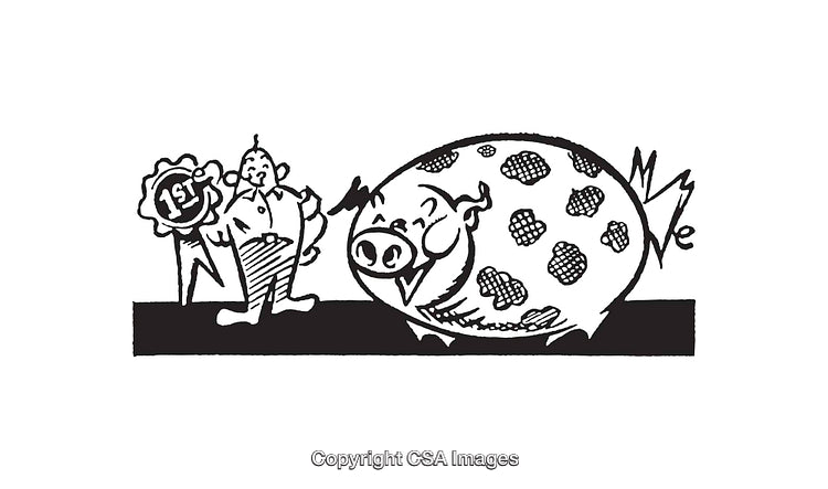 Black and White Line Art Illustration of Prize-Winning Pig and Farmer