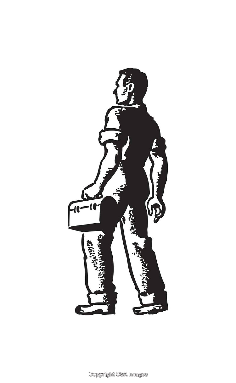 Retro Style Black and White Worker Illustration Holding Toolbox