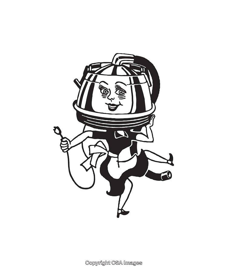 Retro Black and White Line Art of Humorous Vacuum Cleaner Character