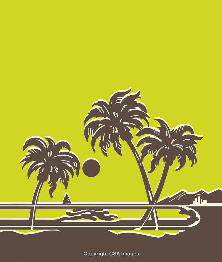 Vector Illustration of Tropical Palm Trees and Sunset Beach Scene