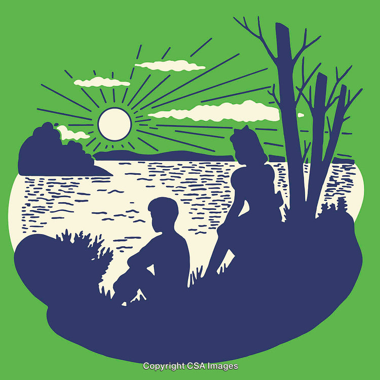 Silhouetted Couple on Shore with Scenic Sunset and Vibrant Nature Elements