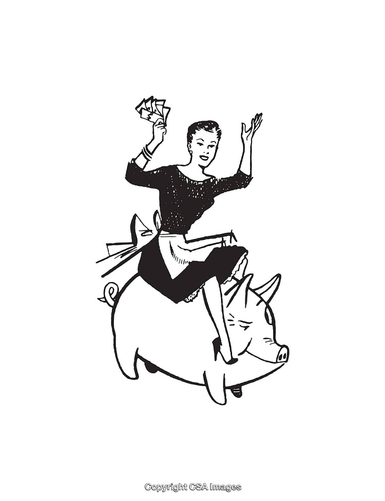 Vintage Illustration of Woman Riding a Pig Holding Money in Retro Style