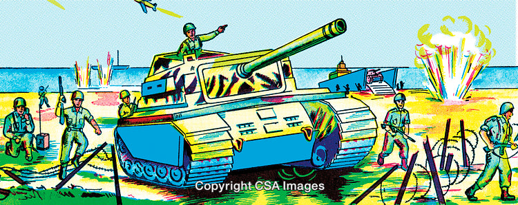 Vivid Illustration of a Tank and Soldiers in a Battlefield Scene