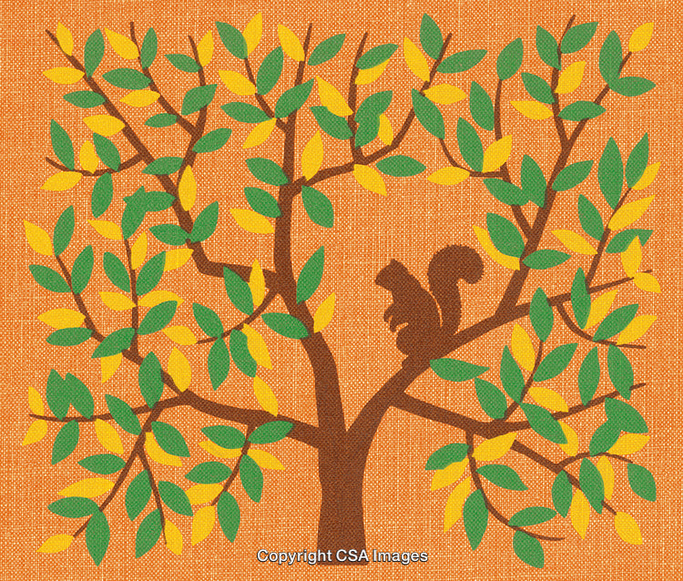 Illustration of a Squirrel Silhouette on a Tree with Vibrant Leaves