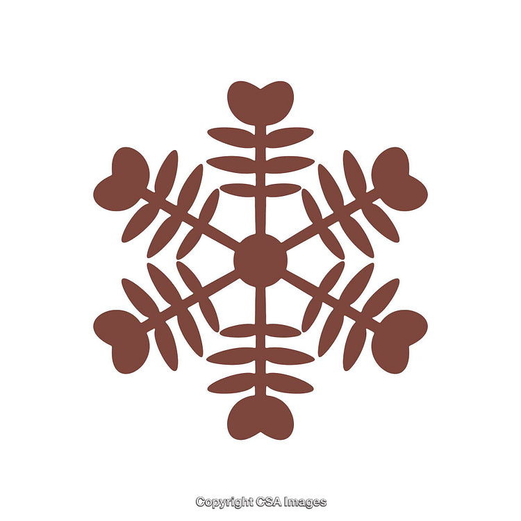 Brown Geometric Snowflake Design with Heart-Shaped Elements on White Background
