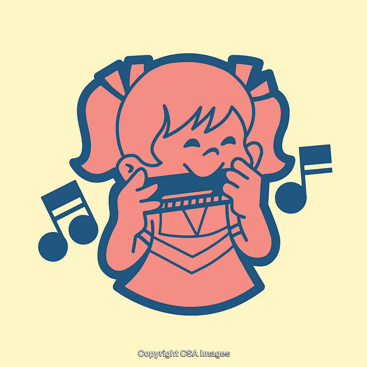 Young Girl Playing a Harmonica with Musical Notes Around