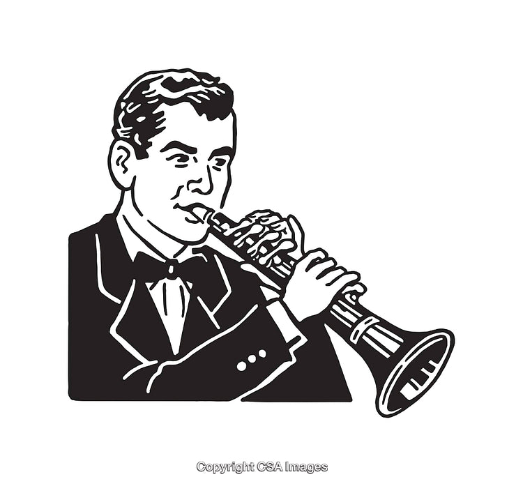 Vintage Black And White Illustration of a Musician Playing a Clarinet