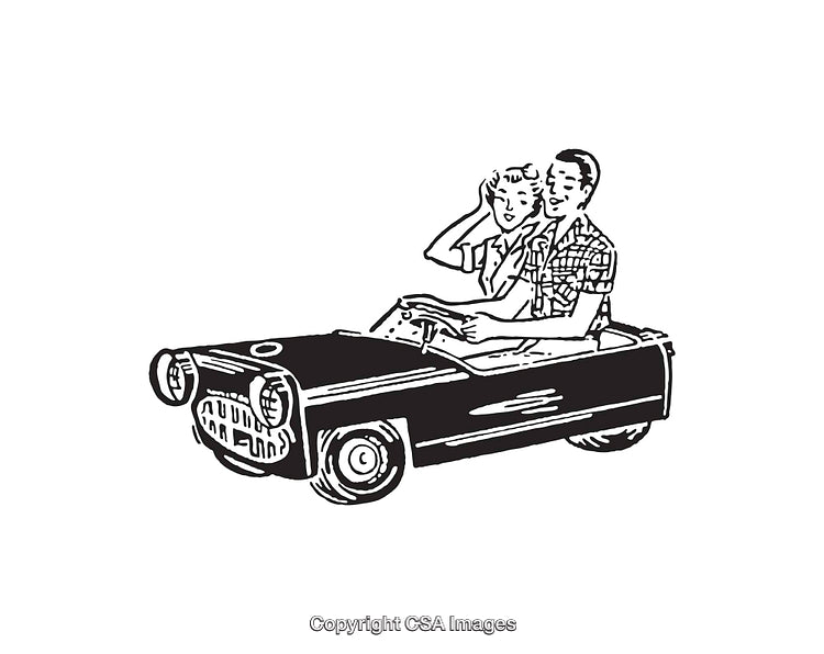 Vintage Line Art of a Couple Driving a Classic Car