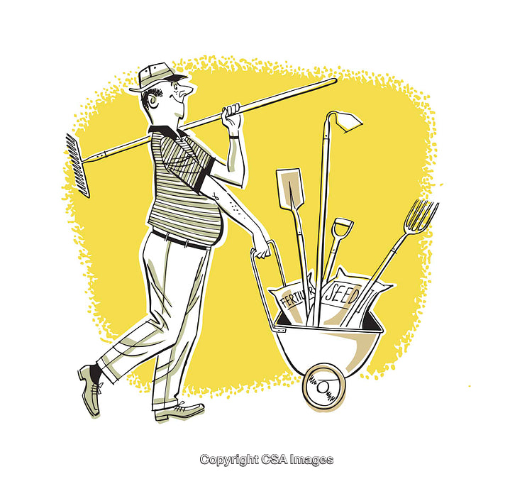 Gardener Carrying Tools and Wheelbarrow for Planting and Gardening Tasks