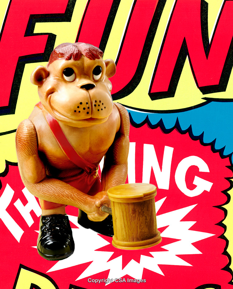 Retro Toy Figure with Mallet on Bright Comic Background