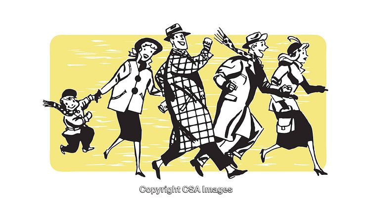 Retro Illustration of Cheerful People Walking Together in Stylish Attire