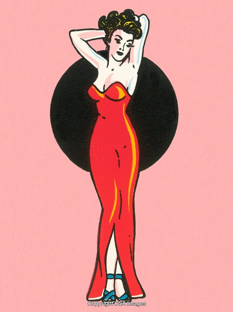 Stylized Retro Illustration of a Woman in a Red Elegant Dress