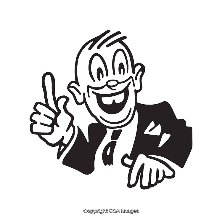 Vintage Black-And-White Cartoon Businessman Icon Making Pointing Gesture