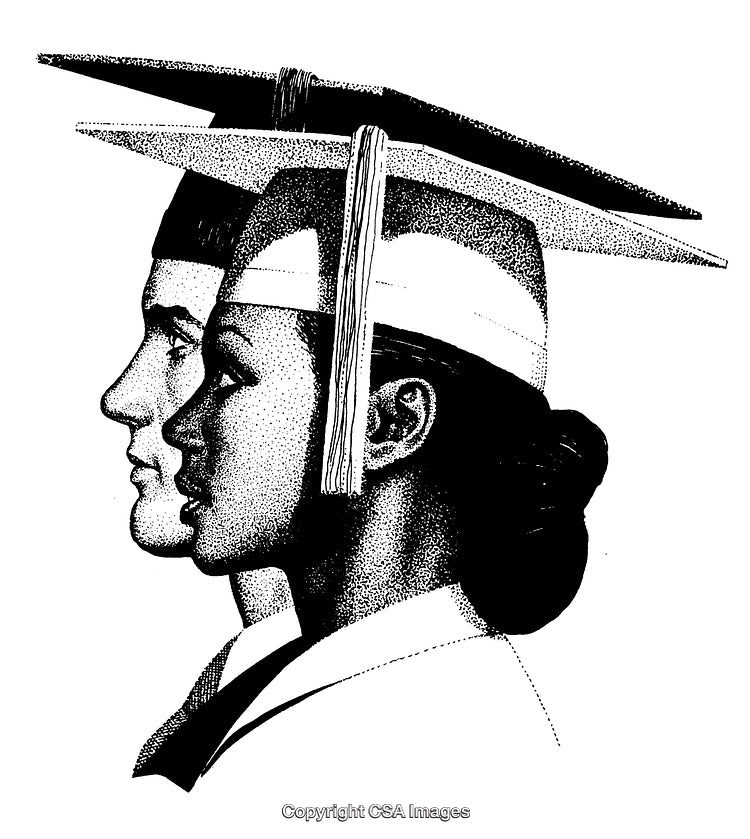 Black And White Engraved Illustration of Two Graduates in Profile View