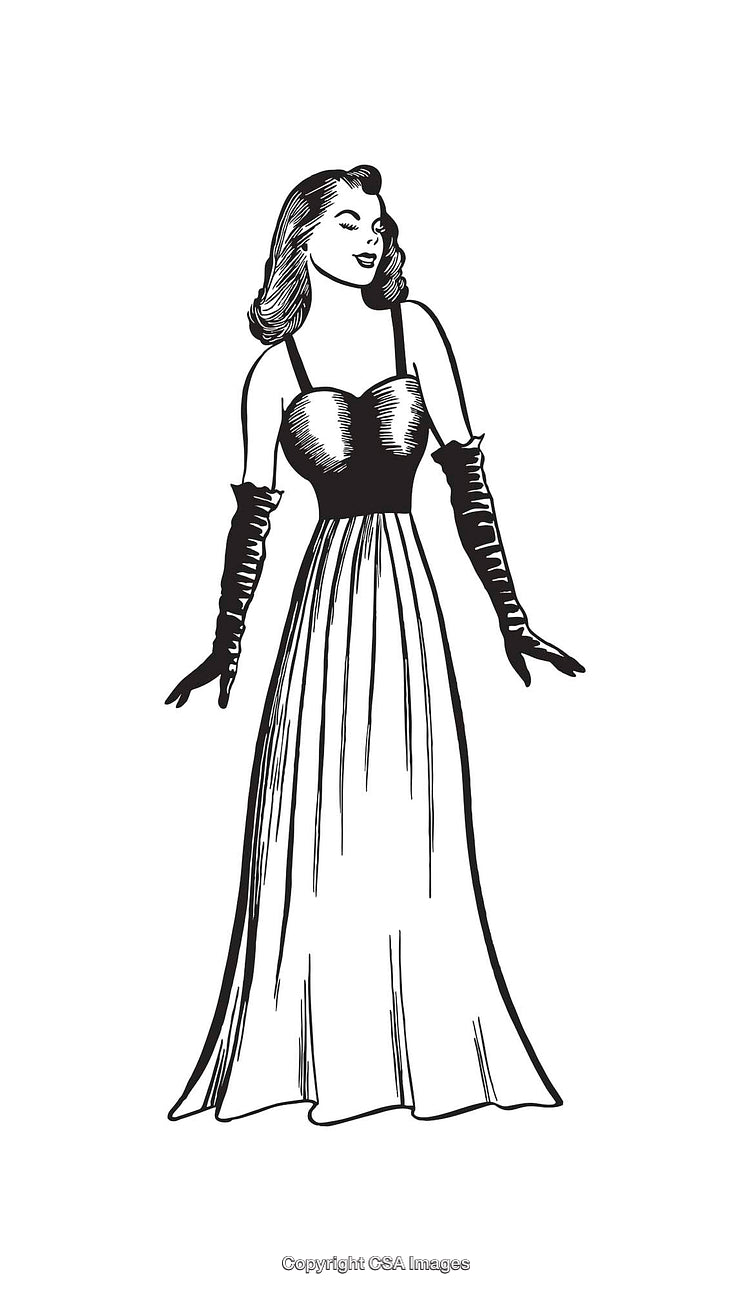 Elegant Retro Woman in Evening Gown Black and White Sketch