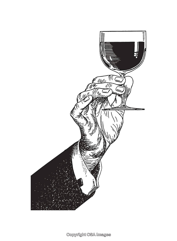Hand Holding Wine Glass Illustration in Black and White Line Art Style