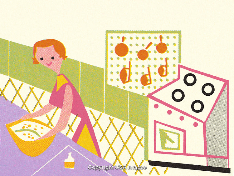 Illustration of a Woman Baking in a Retro Styled Kitchen