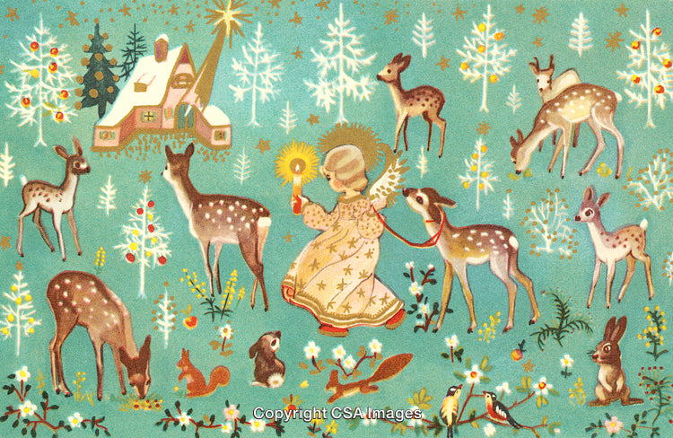 Enchanting Winter Scene with Magical Deer, Angel, and Cozy Cottage