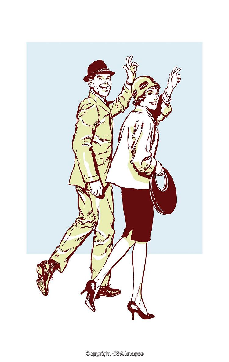 Retro Style Illustration of a Happy Couple Waving and Greeting
