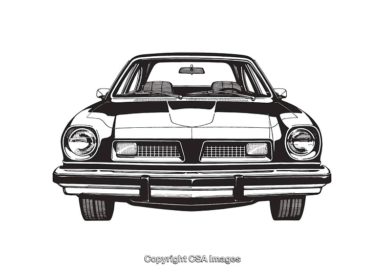 Front View of a Classic Car in Black and White Line Art