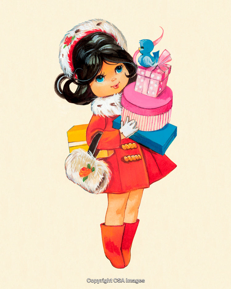 Adorable Retro Girl Holding Gifts with Christmas Attire and Festive Bird