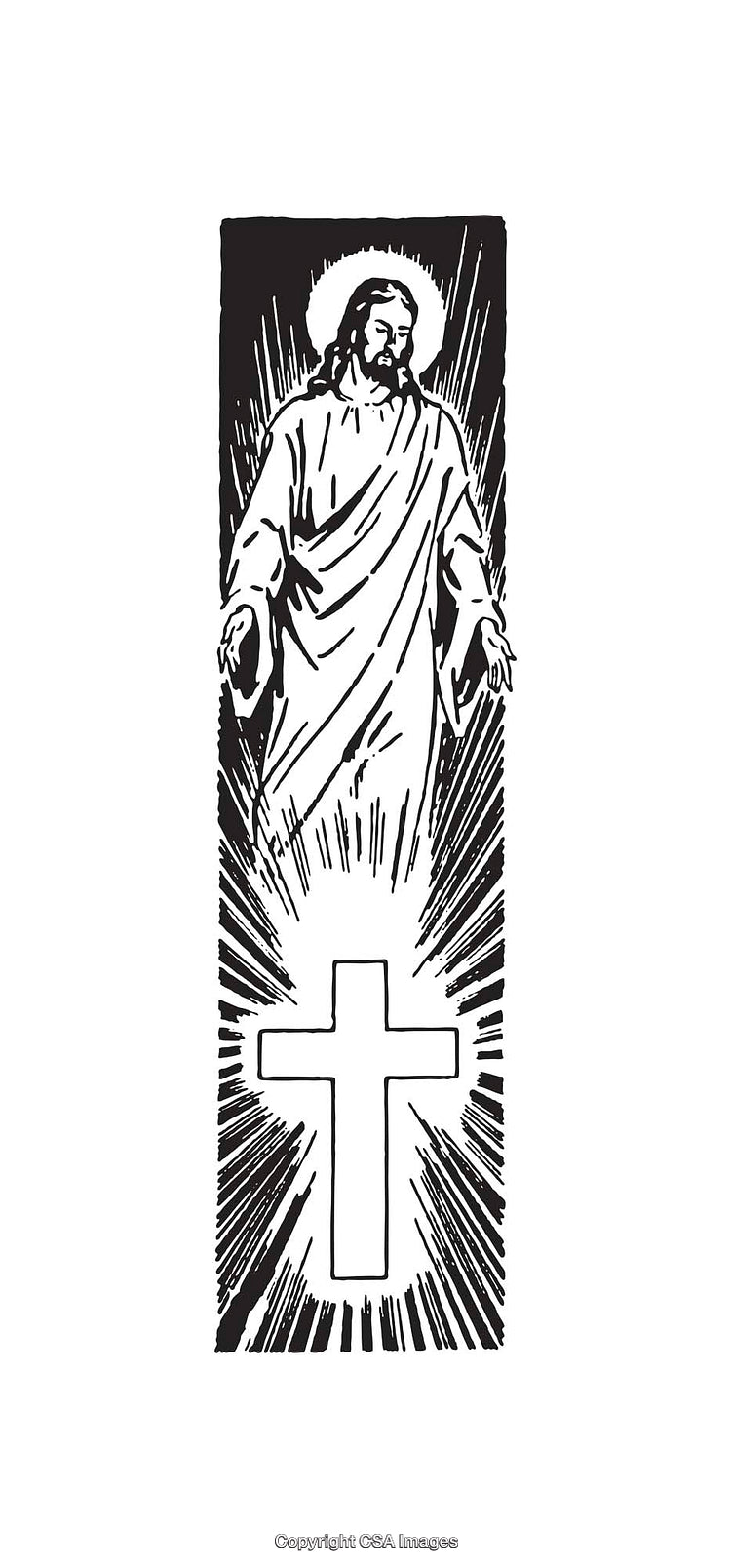 Black and White Line Art Featuring Christ and a Glowing Cross