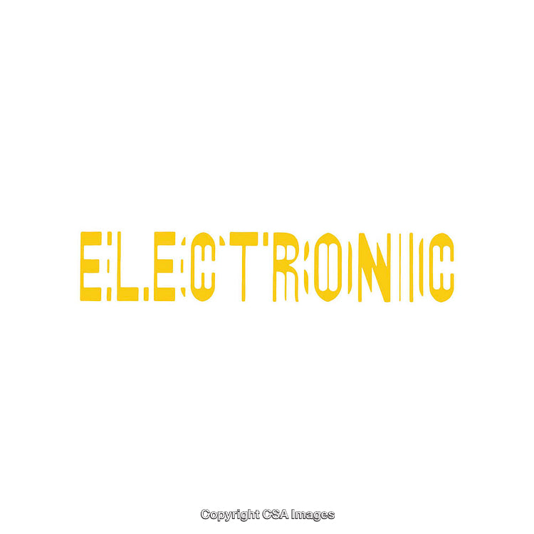 Bright Yellow Stenciled Electronic Text Design on a Clean White Background