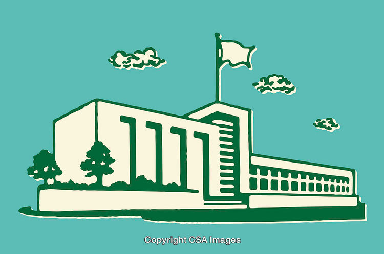 Color Line Art Illustration of a Building with Green Surroundings