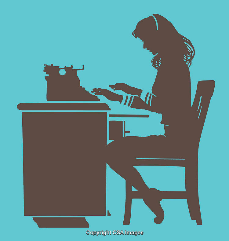 Silhouette of Woman Typing on a Retro Typewriter in Blue Backdrop