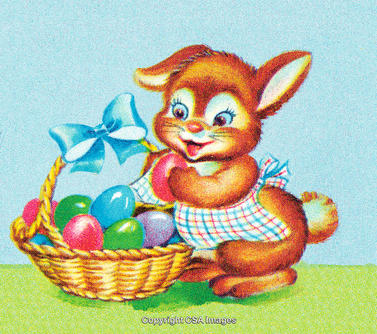 Cute Bunny with Easter Basket Filled with Colorful Eggs and Ribbon Decor
