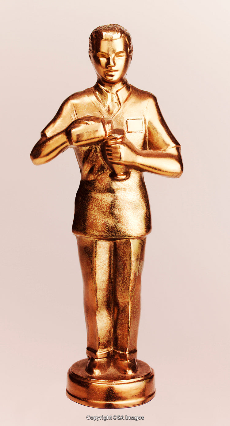 Golden Trophy of a Person Holding a Bottle and Glass in Uniform