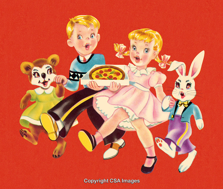 Playful Kids With Rabbit and Bear Sharing Pizza on Vibrant Background