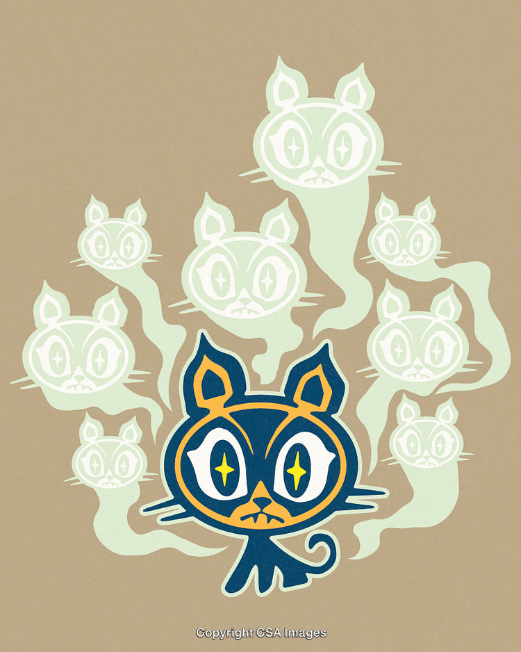 Illustration of a Stylized Cat Surrounded by Spiritual Ghostlike Figures