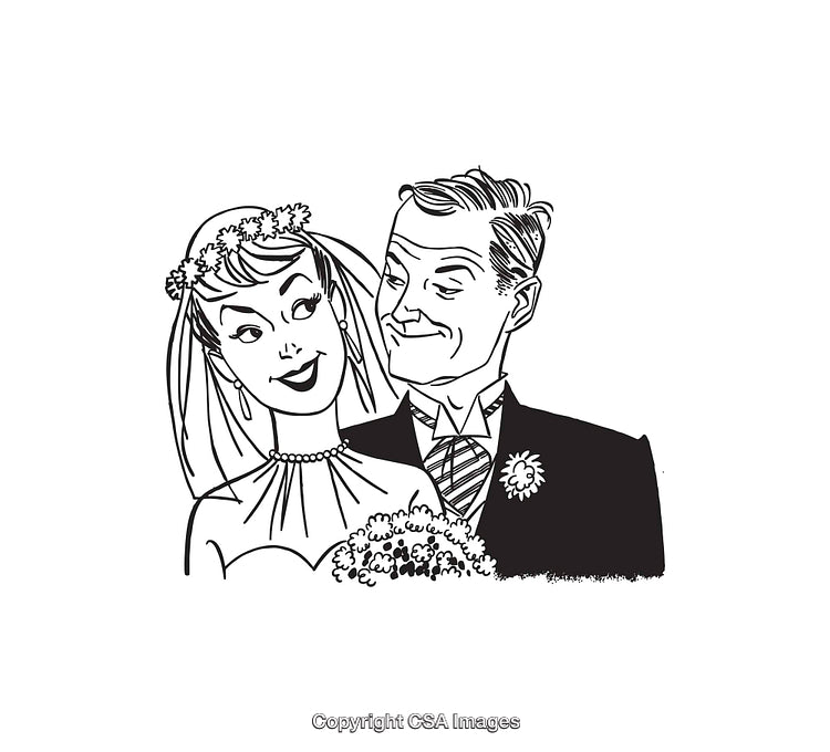 Vintage Black and White Wedding Day Couple Line Art Illustration