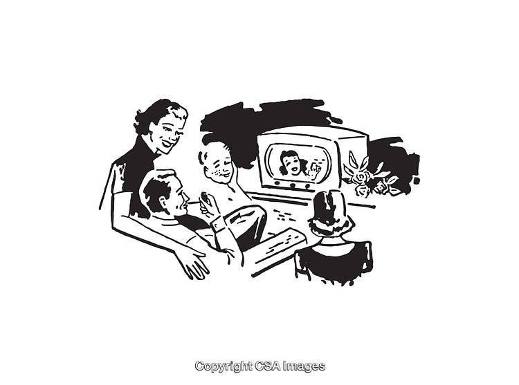 Retro Family Watching Television Together in Monochrome Line Art Style