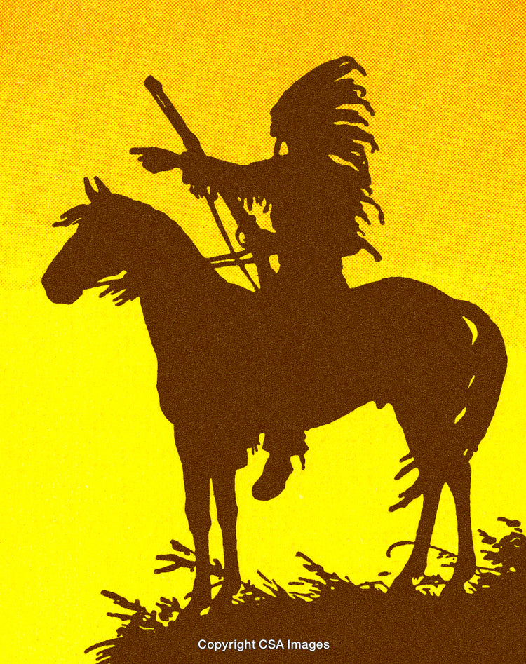 Silhouette of a Native Warrior on Horseback During Sunset