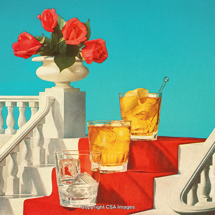 Elegant Summer Drinks on Red Tablecloth with Roses and Blue Sky