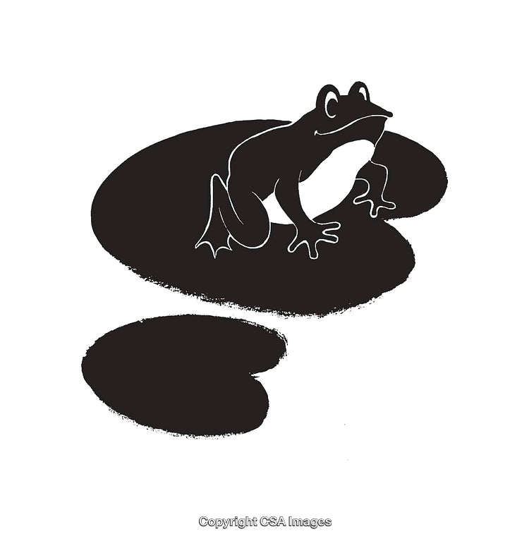 Black and White Illustration of Frog on Lily Pad in Pond Scene