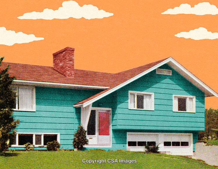 Stylized Teal Suburban Home Illustration with Vintage Dot Screen Effect