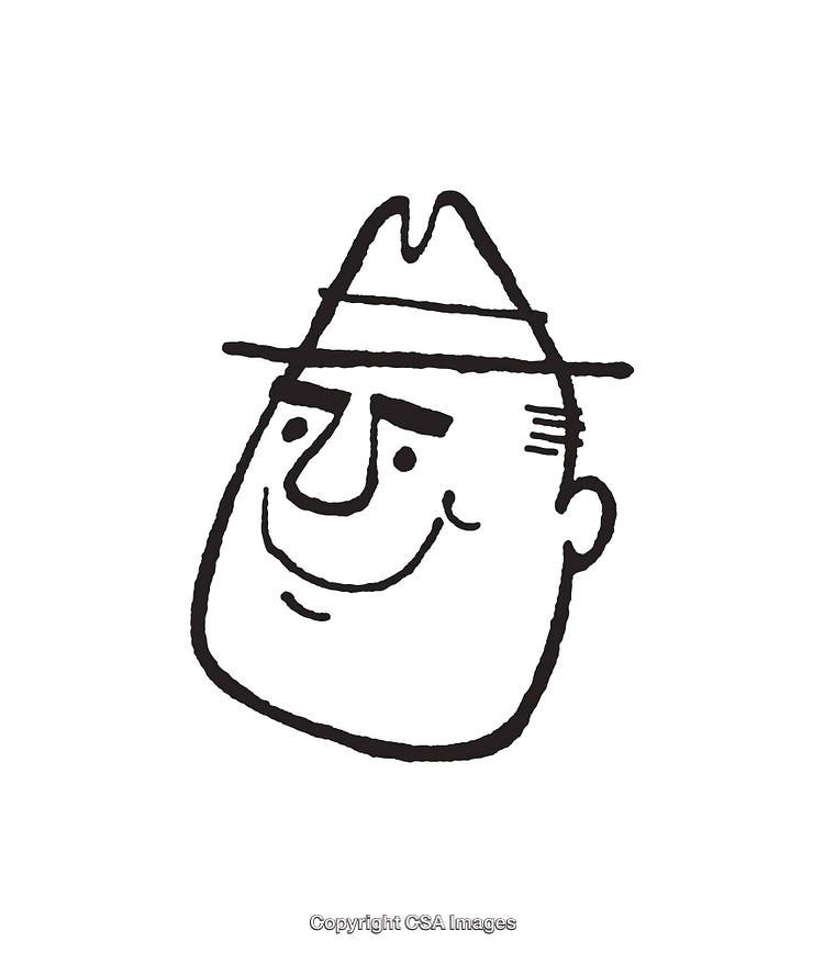 Black and White Line Art Illustration of a Smiling Gentleman in a Hat