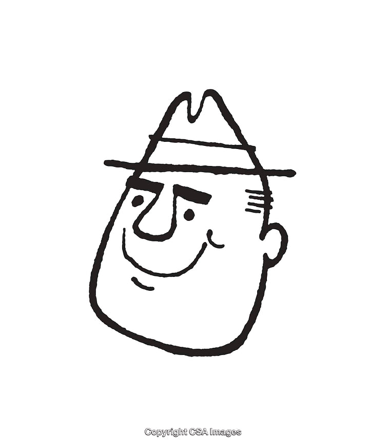 Black and White Line Art Illustration of a Smiling Gentleman in a Hat