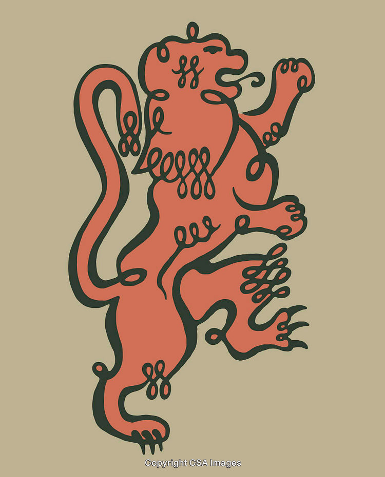 Stylized Red Lion Heraldic Design with Decorative Patterns
