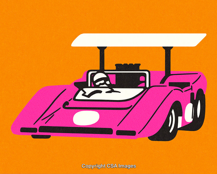 Retro Pink Race Car Illustration With Bold Modern Colors and Graphics