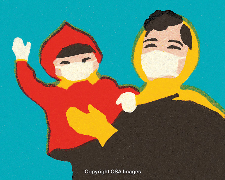 Mother and Child Wearing Masks in Colorful Artistic Illustration