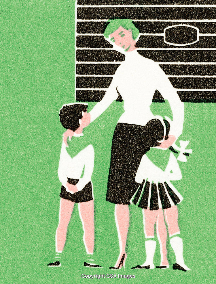 Mother Hugging Her Children in a Green and Black Vintage Illustration