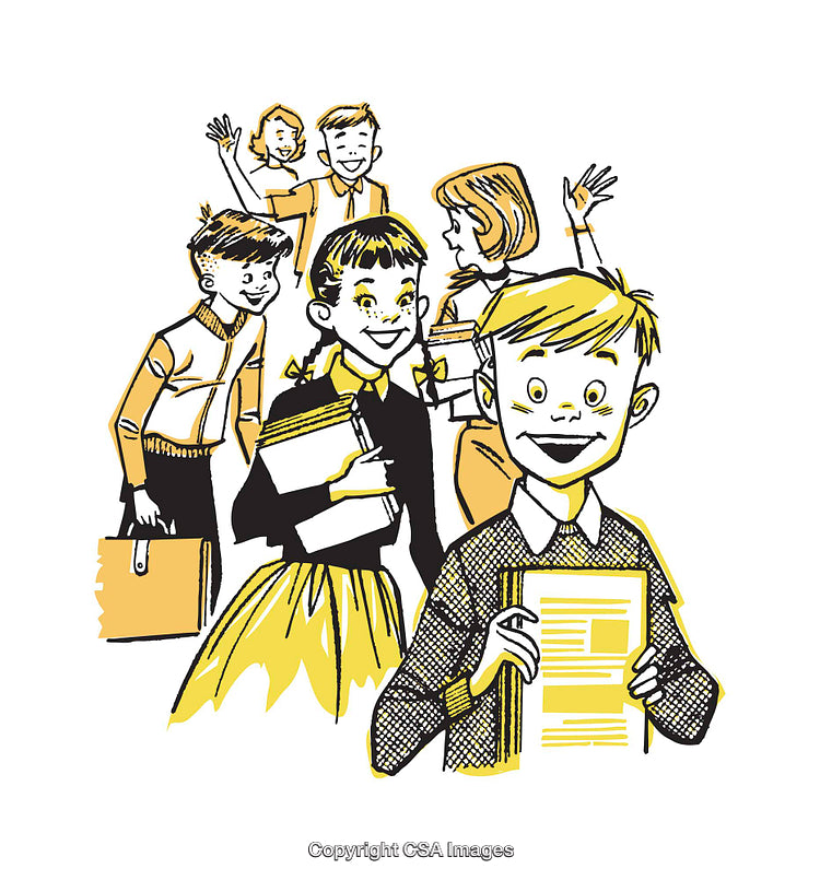 Cheerful Students Holding Books and Greeting Each Other in a Colorful Illustration