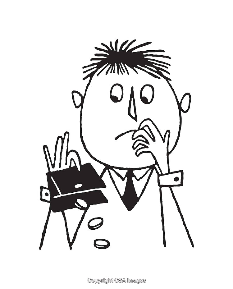 Black and White Line Art of Man Contemplating Wallet and Coins