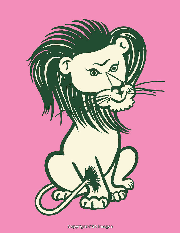 Whimsical Cartoon Lion in Bold Graphic Style on Pink Background