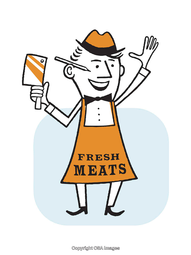 Vintage Cartoon Butcher with Fresh Meats Sign